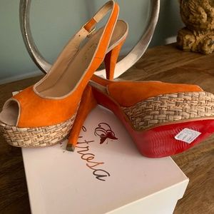 Orange Suede Slingback platform shoe with raffia platform